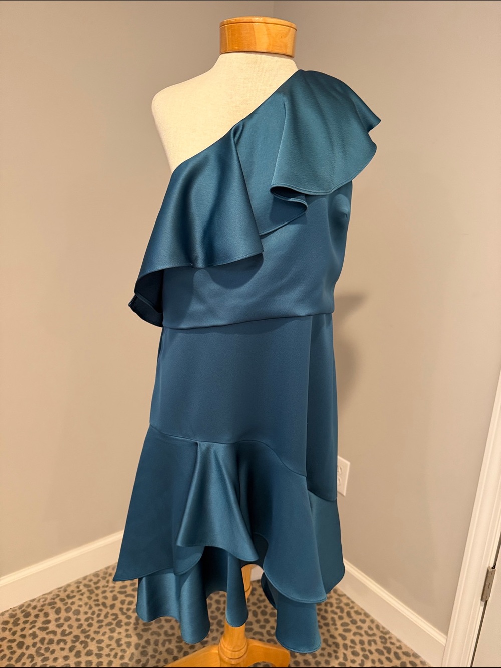 Halston Heritage Teal One-Shoulder Ruffle Dress